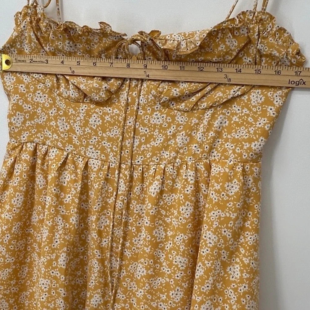 Cider Women Ginger Yellow Floral Mini Dress Tie Strap Ruffle Hem Size L